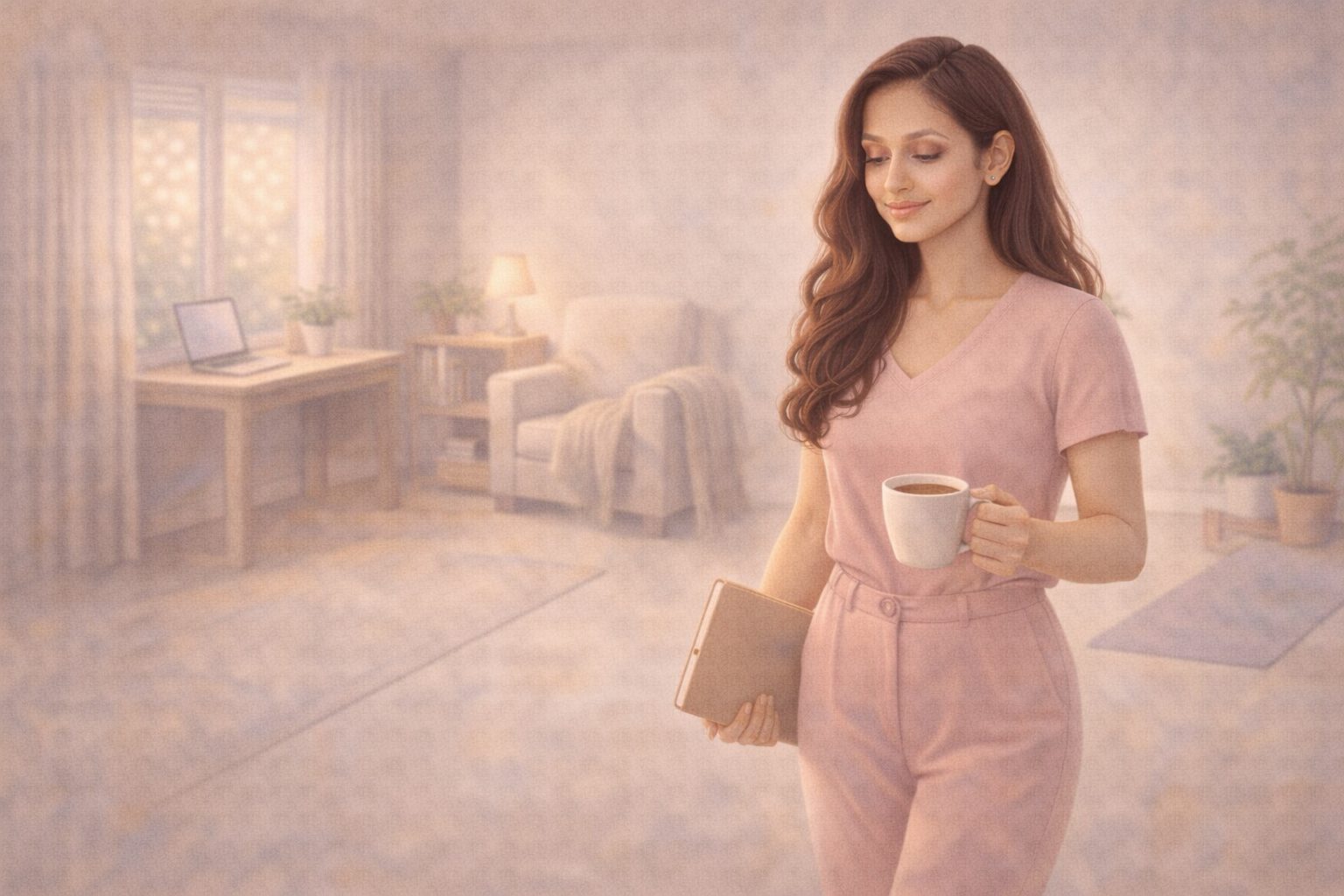 a work from home woman holding a cup and a notebook, ready to start the day