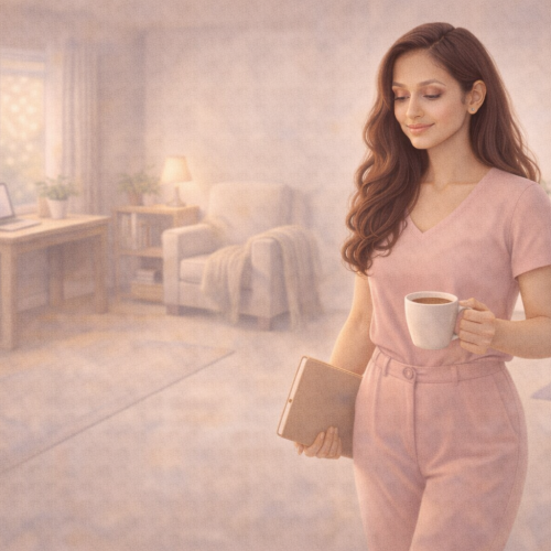 a work from home woman holding a cup and a notebook, ready to start the day