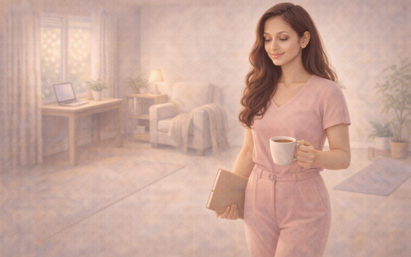 a work from home woman holding a cup and a notebook, ready to start the day
